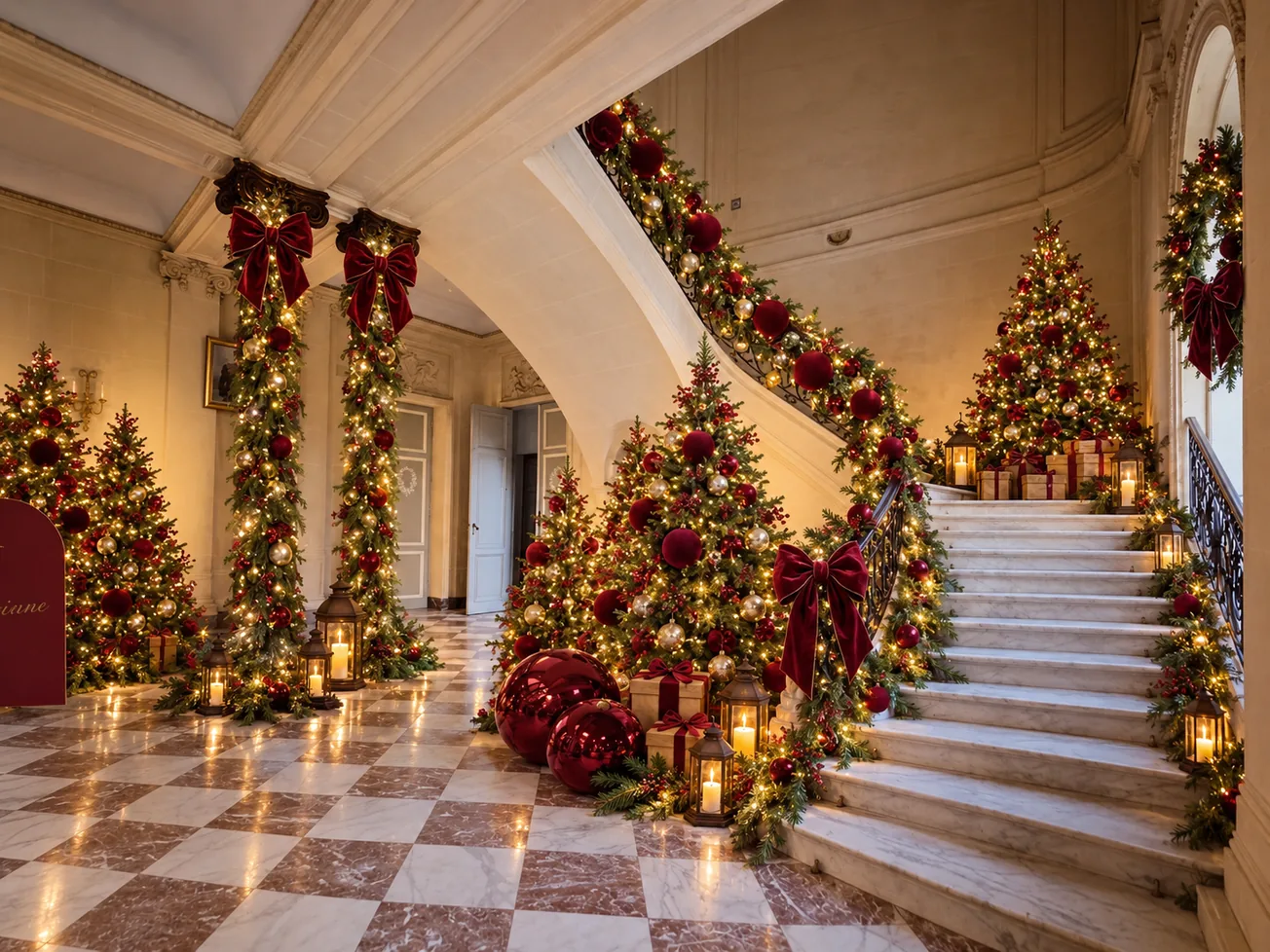 The château's grand staircase lined with illuminated Christmas trees and presents