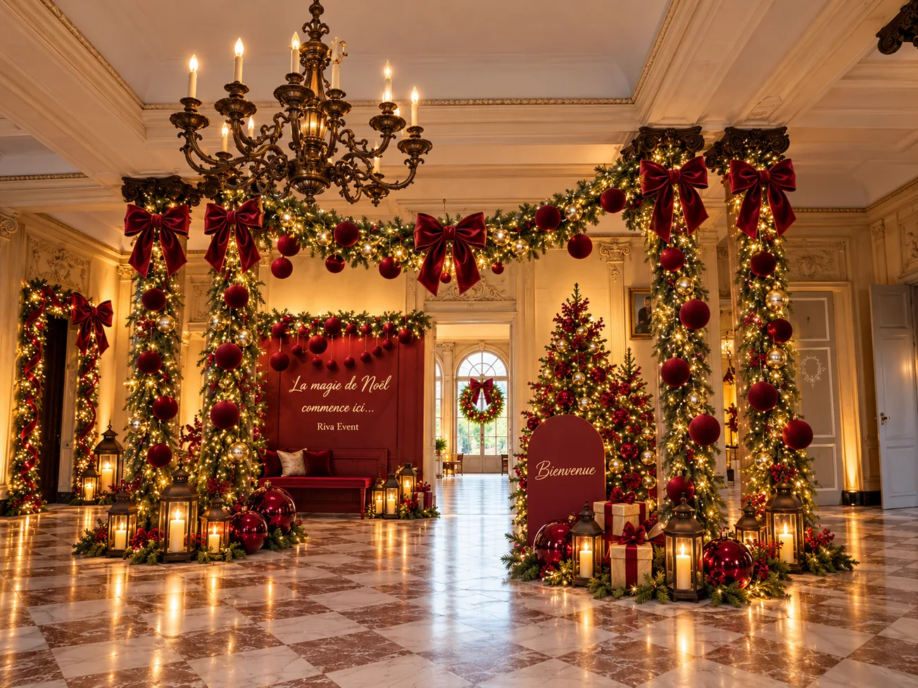 The hall of the Château d'Enghien decorated for Christmas, with fir trees and lanterns