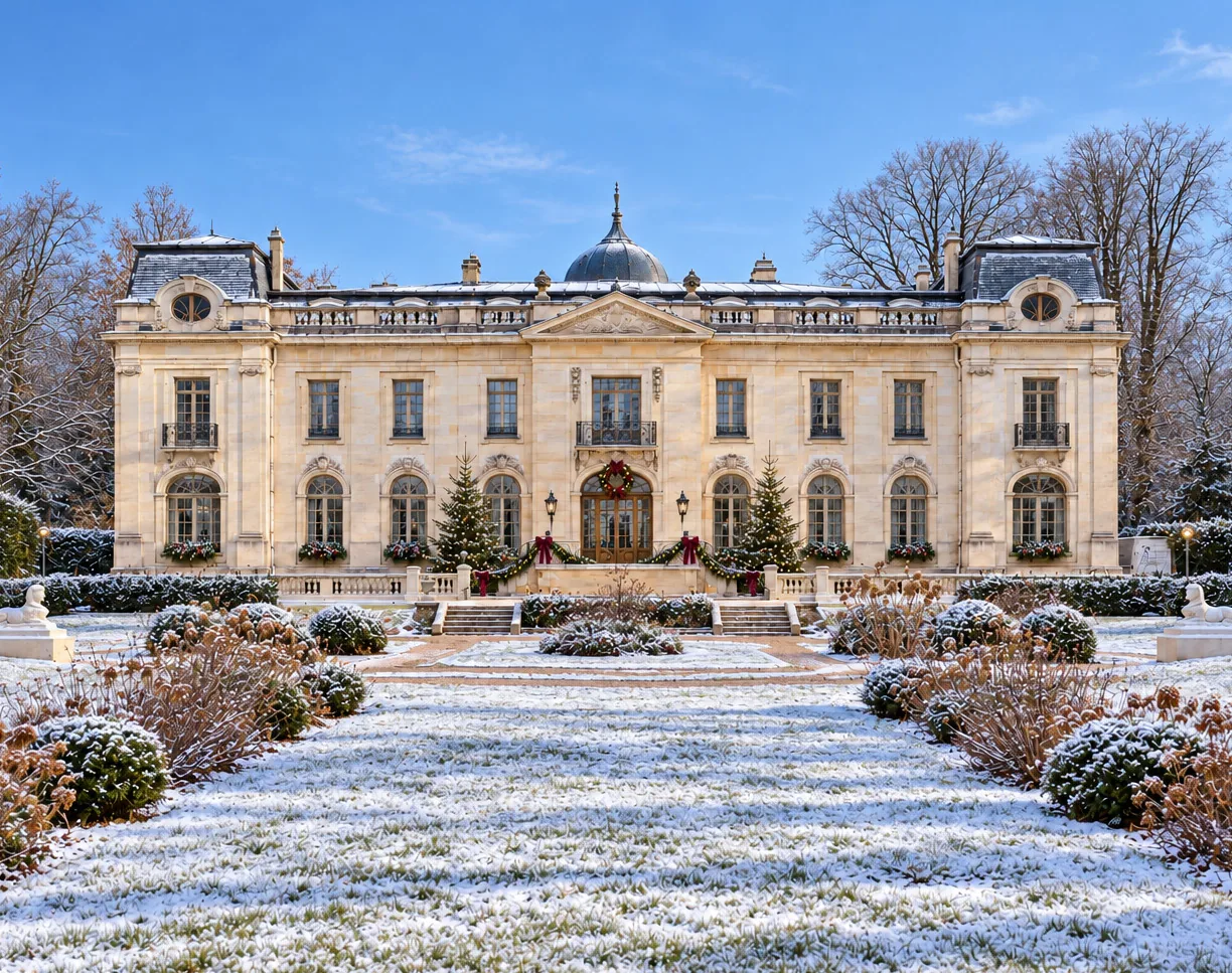 The Château d'Enghien under snow, the driveway lined with decorated Christmas trees