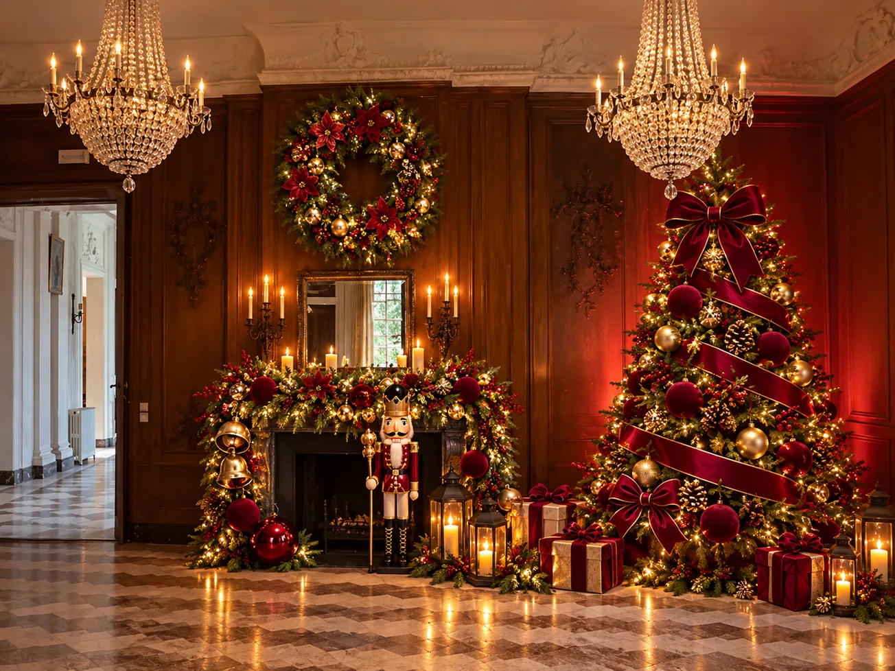 The panelled drawing room decorated for Christmas: tree, wreath, nutcracker and open fire