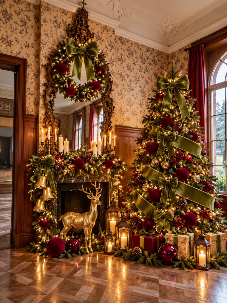 The château's red salon decorated for Christmas: tree, garlands and candles in front of the fireplace