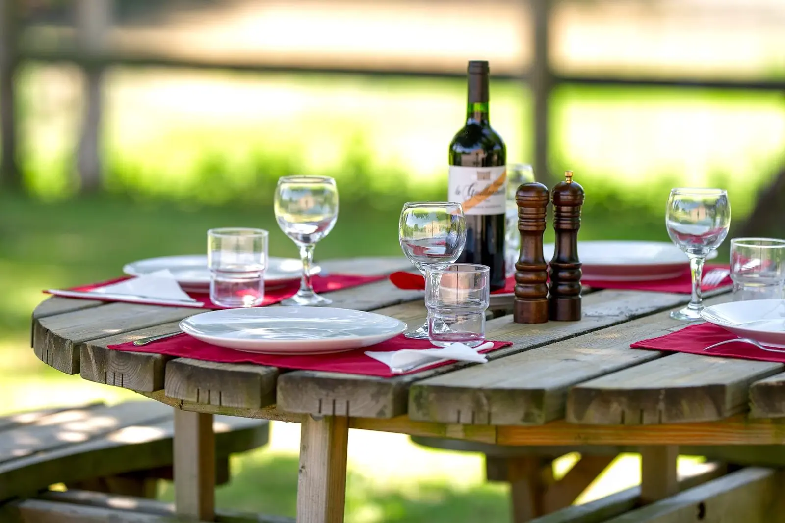 Table laid in the garden, wine and glasses in the sun