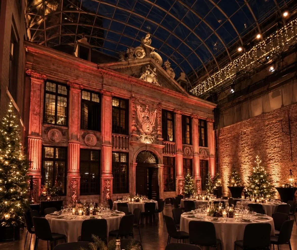 Gala dinner beneath the glass roof of La Maison Privée, its Renaissance façade lit in red