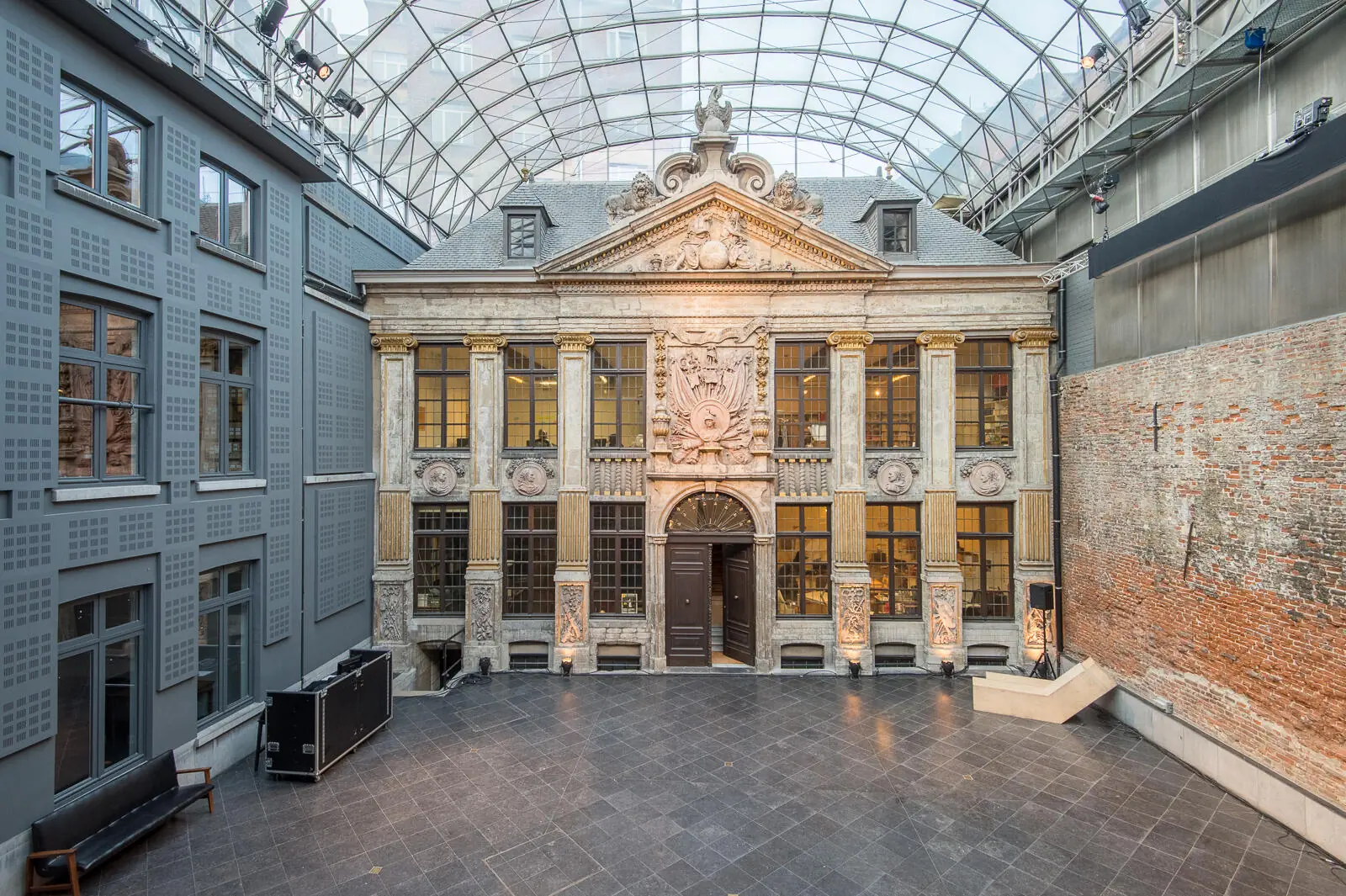 The glass-roofed courtyard, empty, before set-up